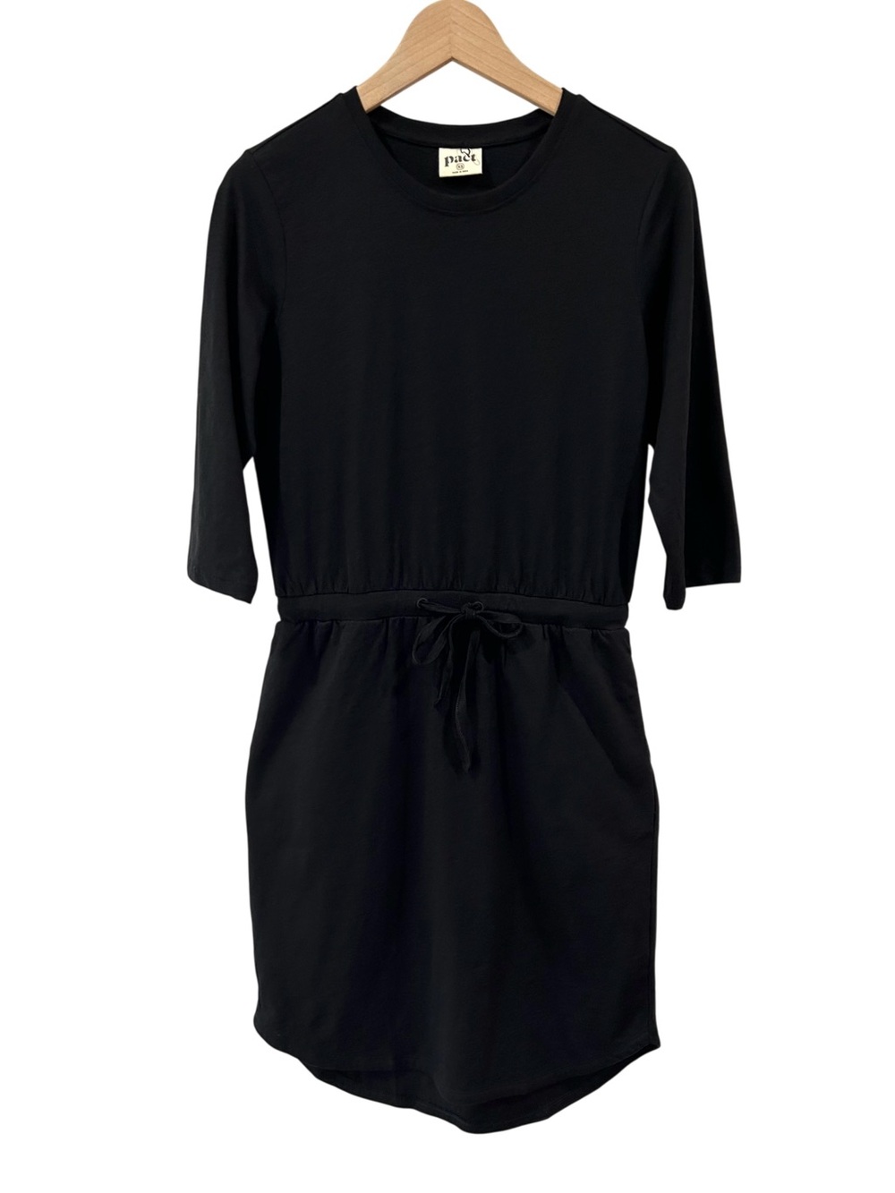Pact relaxed slub tie waist dress XS black organic cotton pockets everyday NWOT